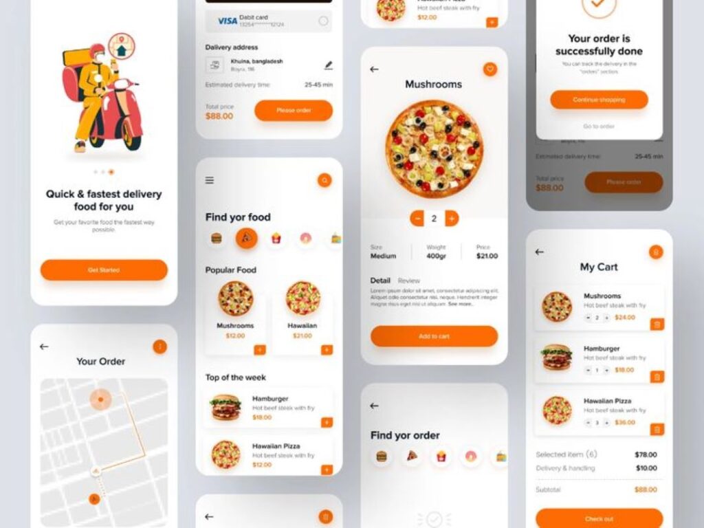 Various screen grabs of a food app in development