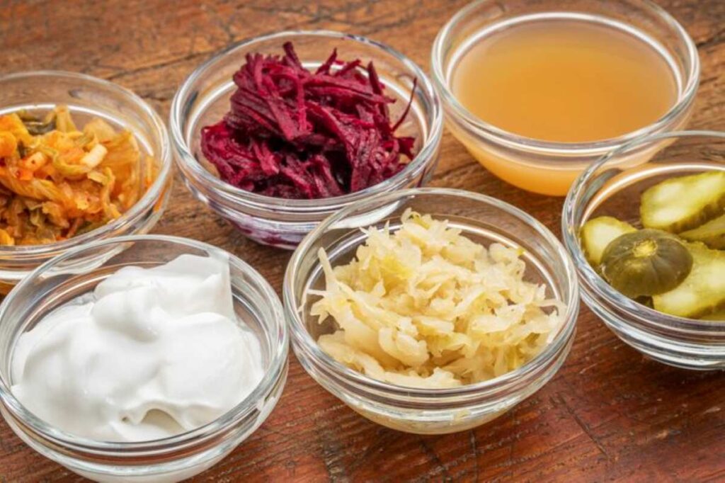 Different types of fermented food in dishes