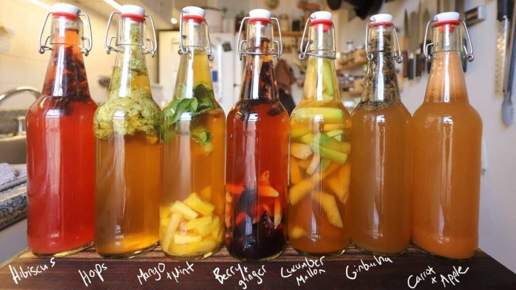 Different flavors of gourmet kombucha