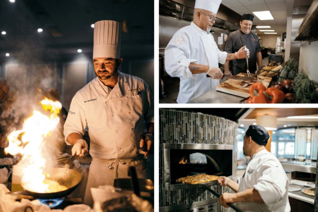 Collage of three chefs working in separate kitchens