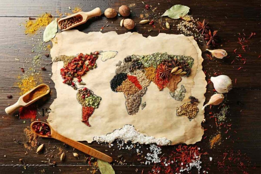 Artistic design of the world map using different spices and herbs