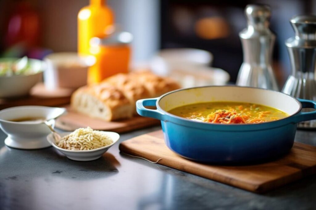 Freshly baked bread next to a pot of aromati