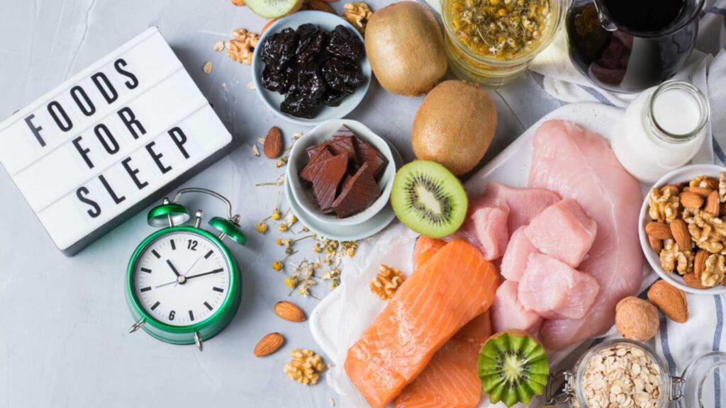 Assortment of food rich in sleep-promoting hormone melatonin and tryptophan to have before bed