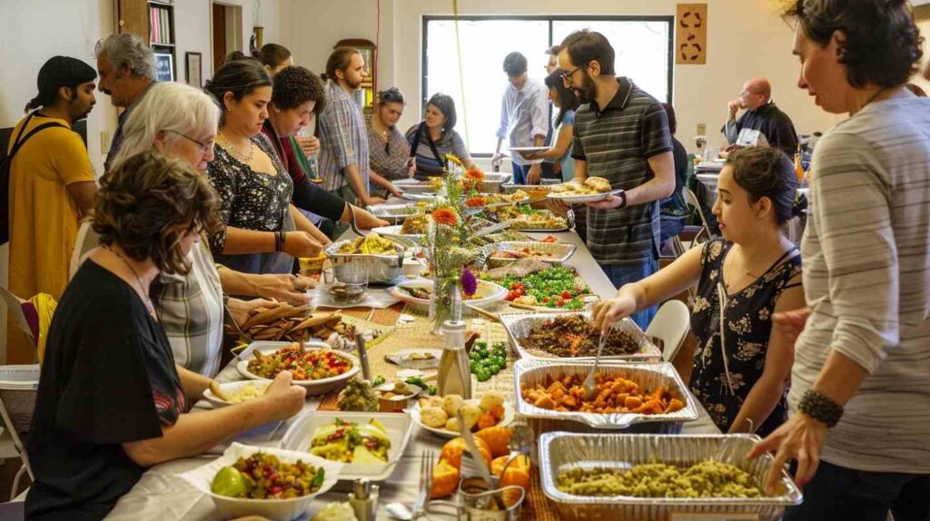 A diverse group of people enjoy a communal potluck dinner filled with various delicious dishes