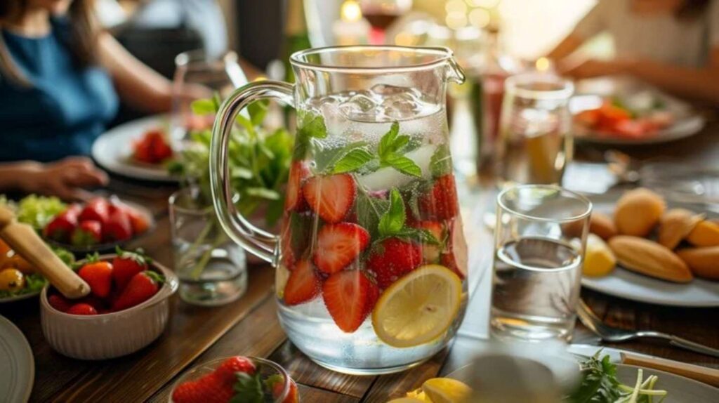 A pitcher of fruit-infused water with strawberries and lemon slices on a table filled with dishes