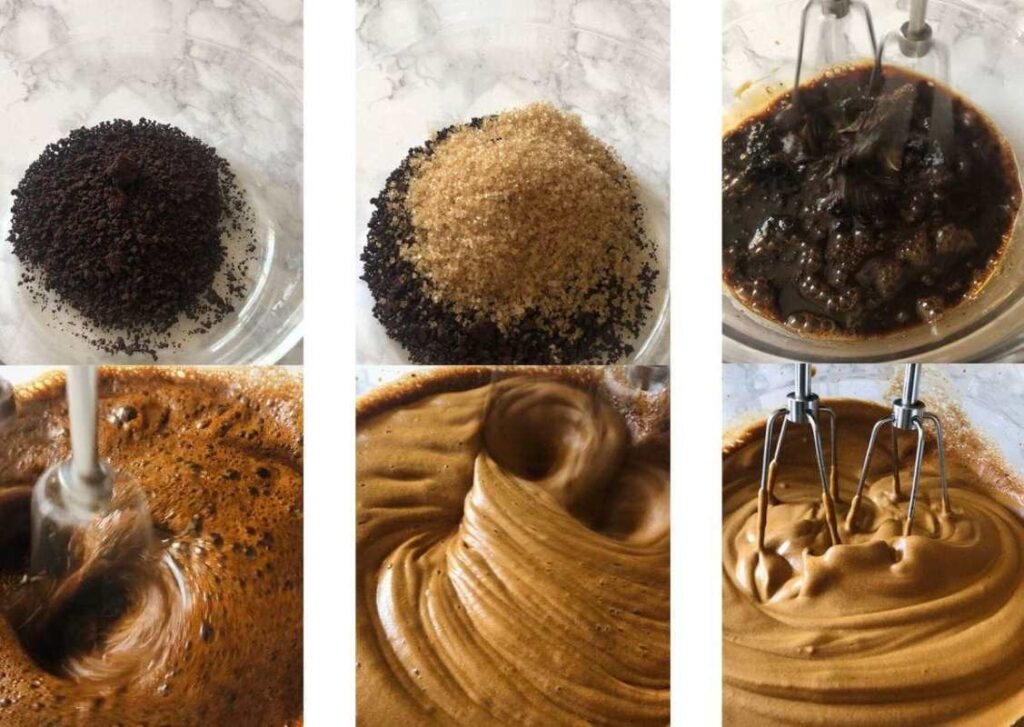 Stages in the production of whipped coffee in the kitchen