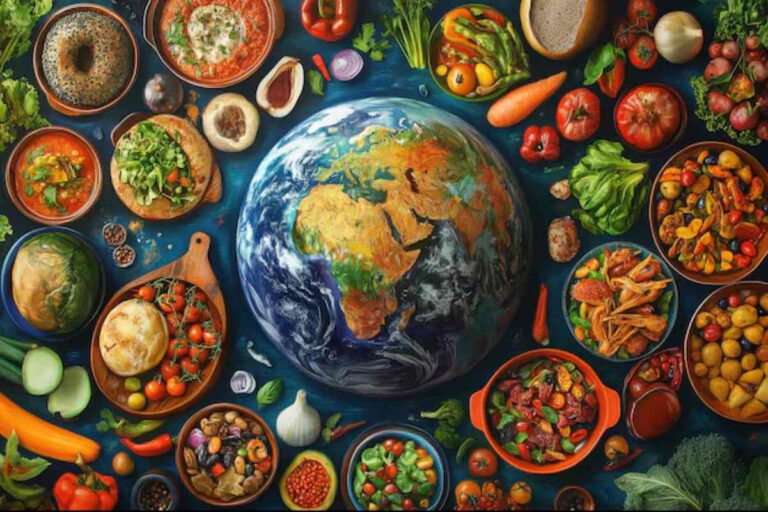 A globe surrounded by an array of diverse culinary delights