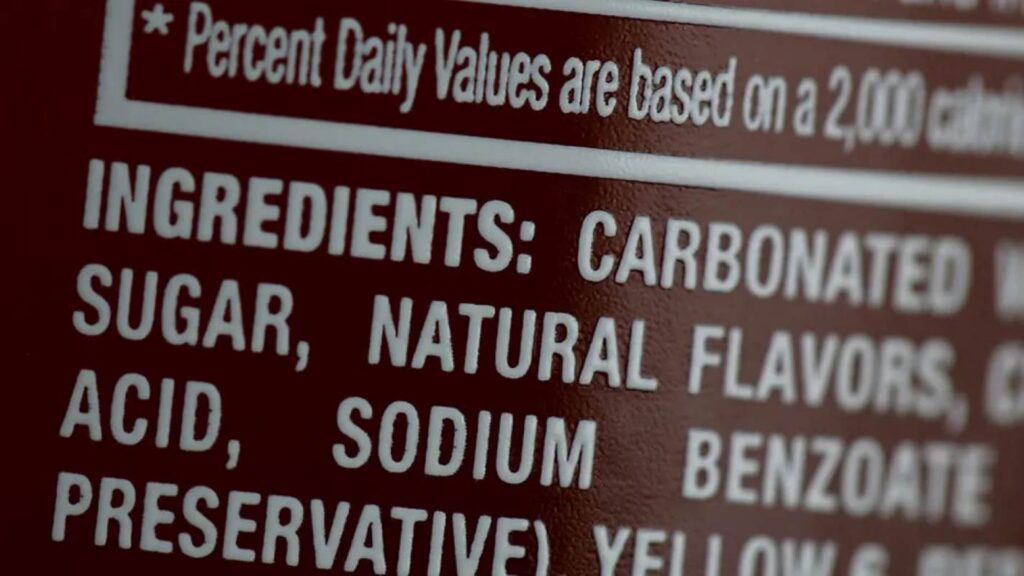 Sodium benzoate is listed as a preservative in a commercial beverage
