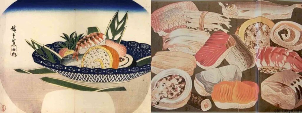 Ukiyo-e from Hiroshige (left), Hanaya Yohei menu from 1877 (right)