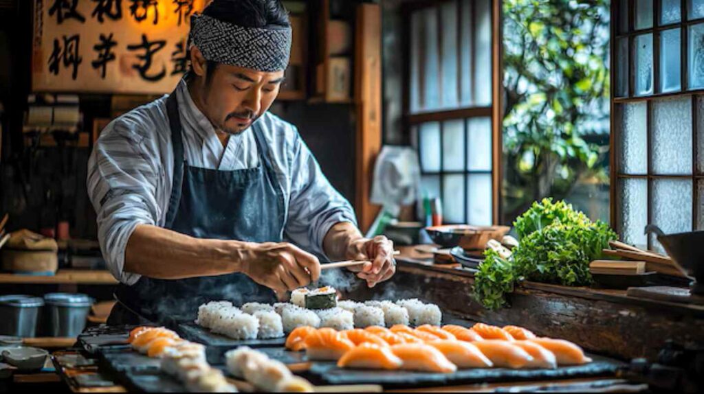 AI-generated image of rustic japanese kitchen scene with chef