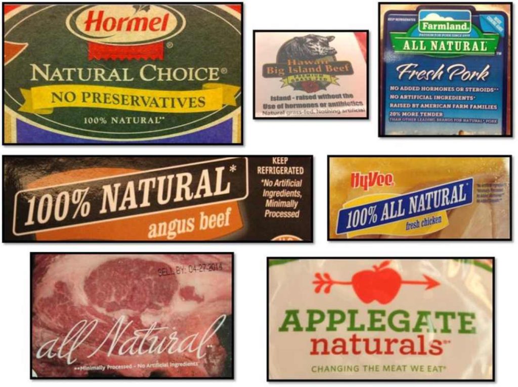Different food labels claiming to be natural