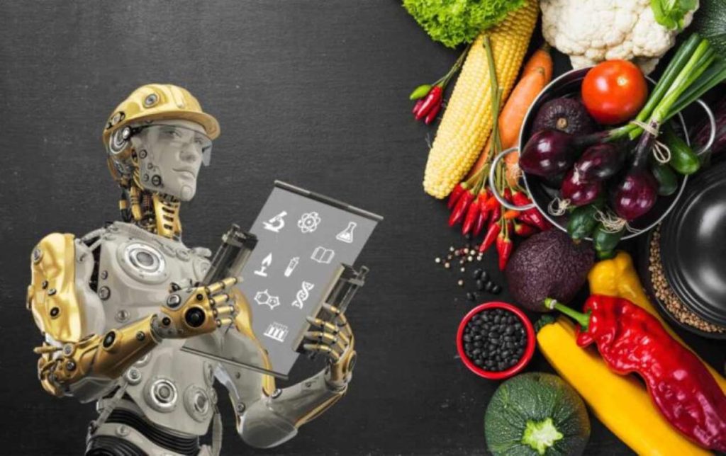 A humanoid robot in the same slide with fresh vegetables from different plants