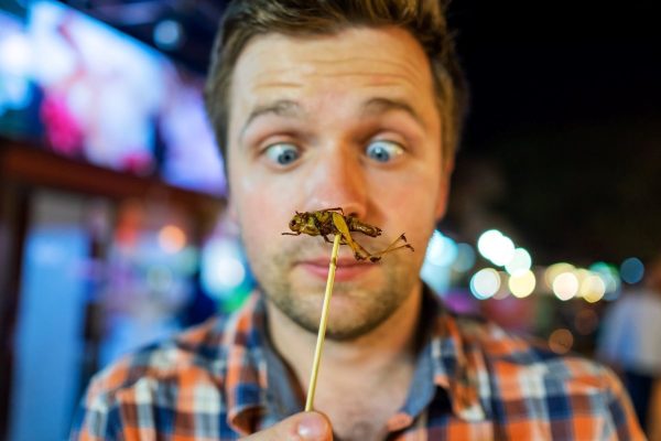 Caucasian young male eating a cricket at a night market in Thailand