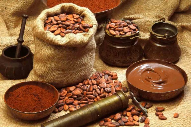 Grind cacao beans near beans in a sack