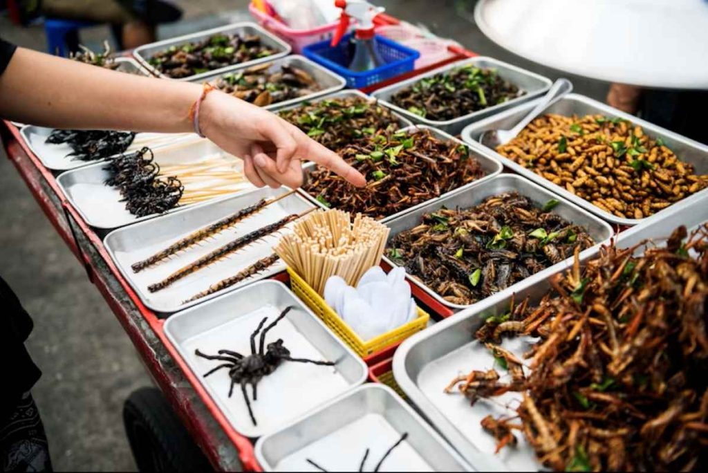 Closeup of a hand ordering cooked insects in a Thai street food stall 