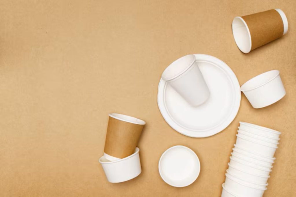 Eco-friendly concept food container consists of a box plate and a paper cup made from natural fiber