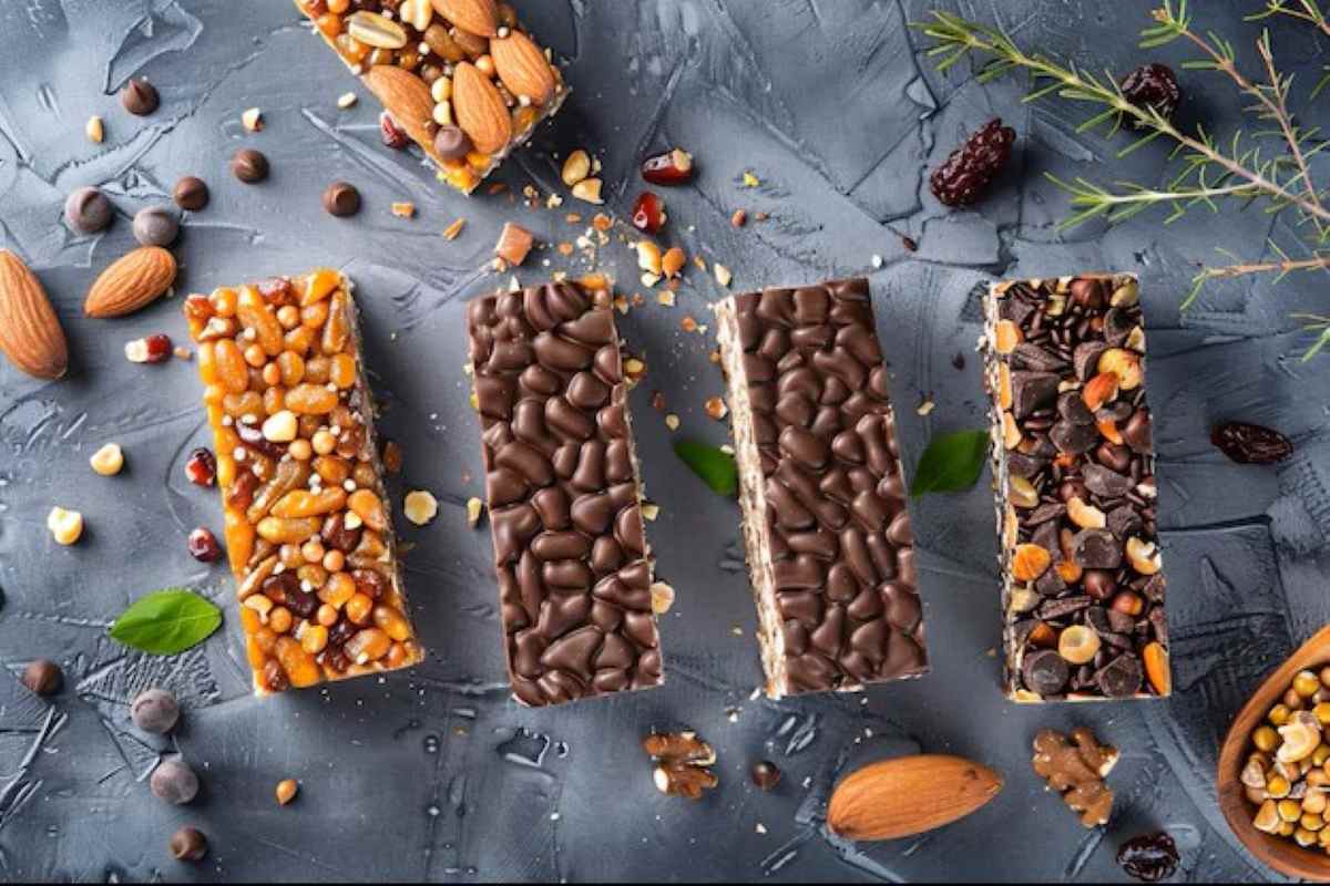 Assorted energy bars with nuts chocolate