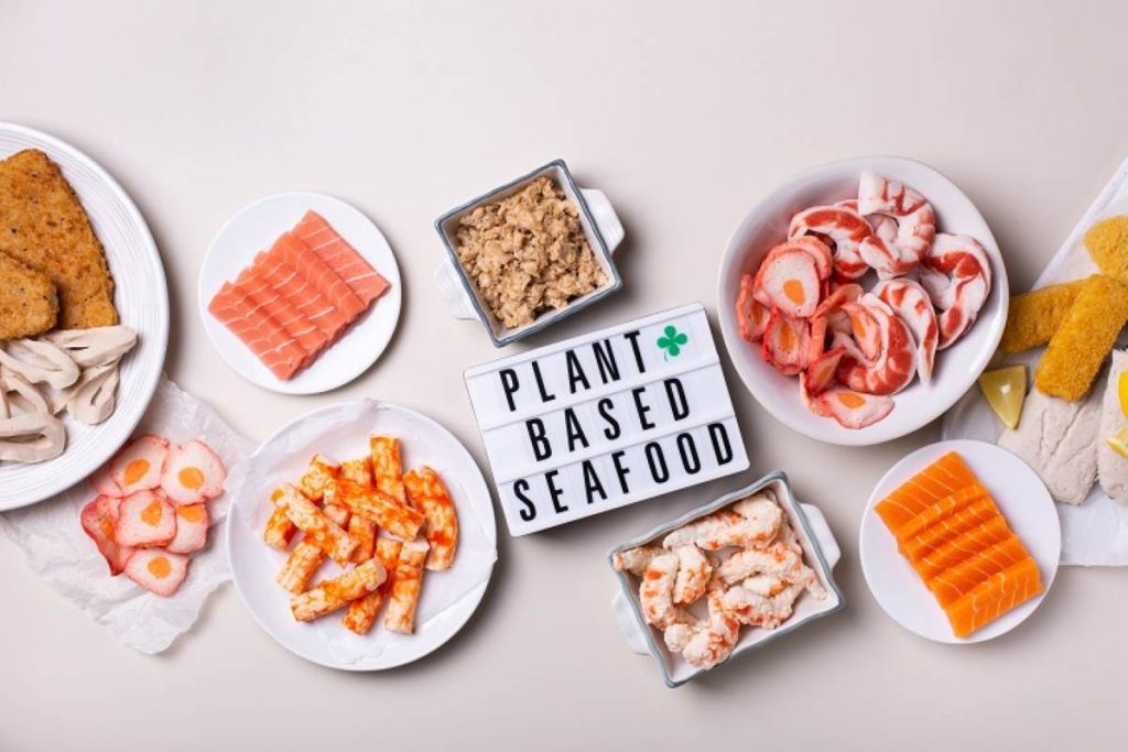 Vegan plant-based fish and seafood food reducing carbon footprint
