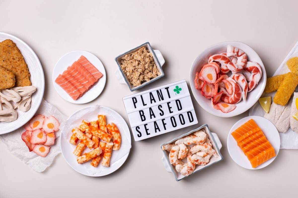 Vegan plant-based fish and seafood food reducing carbon footprint