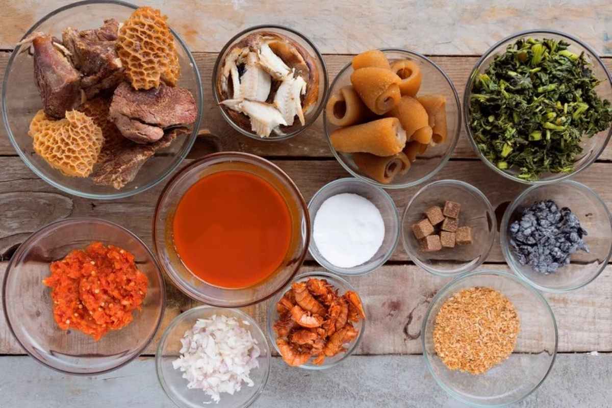 Spices and ingredients for a West African soup preparation