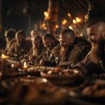 Diverse Viking men dining at a long table