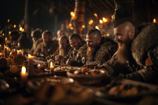 Diverse Viking men dining at a long table