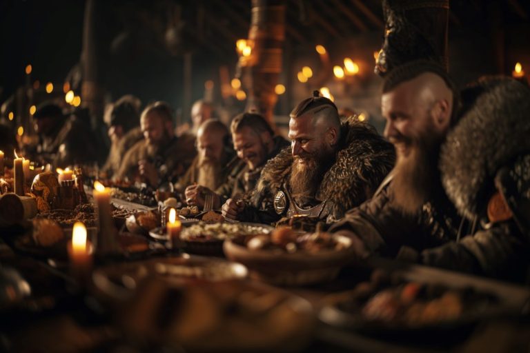 Diverse Viking men dining at a long table