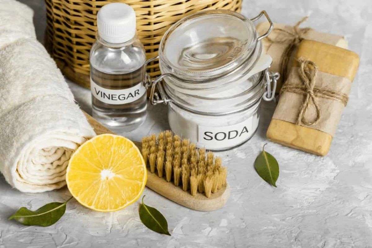 High angle of eco-friendly cleaning products collection