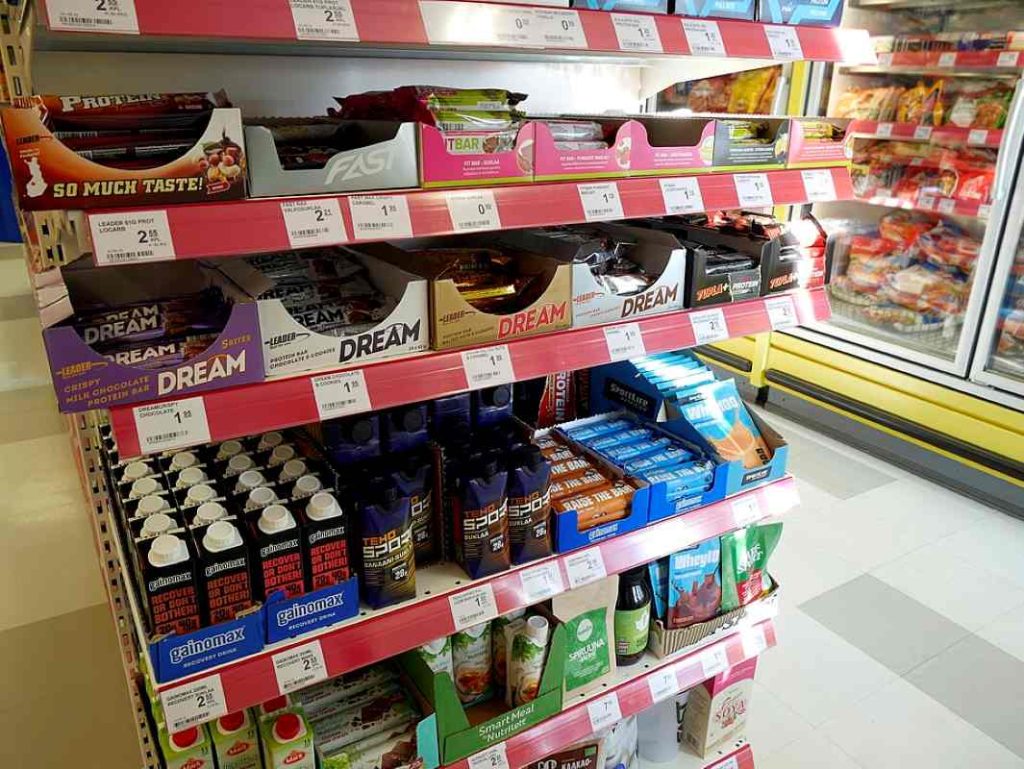 Protein supplements in a store