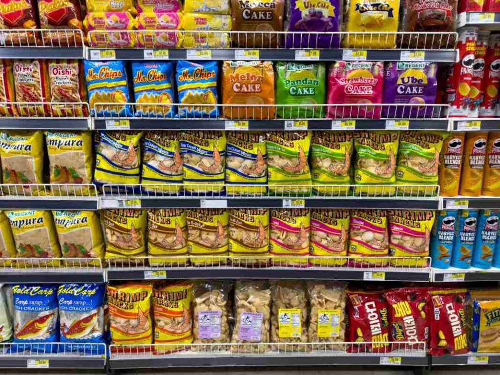 A shelf with snacks and snacks on it