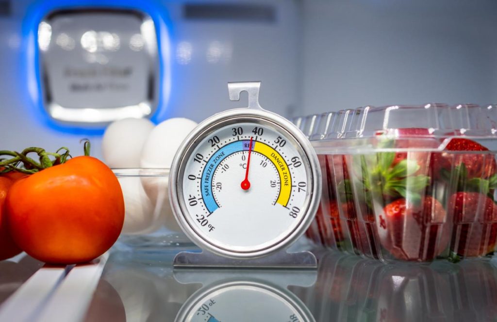 Temperature of refrigerated foods being monitored with a thermometer