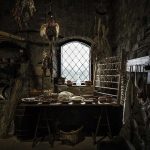 A restored medieval kitchen inside Verrucole Castle, Tuscany, Italy